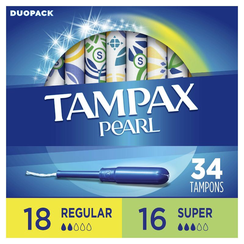 Tampax Pearl Tampons Regular/Super Absorbency with LeakGuard Braid -Duo Pack - Unscented - 34ct