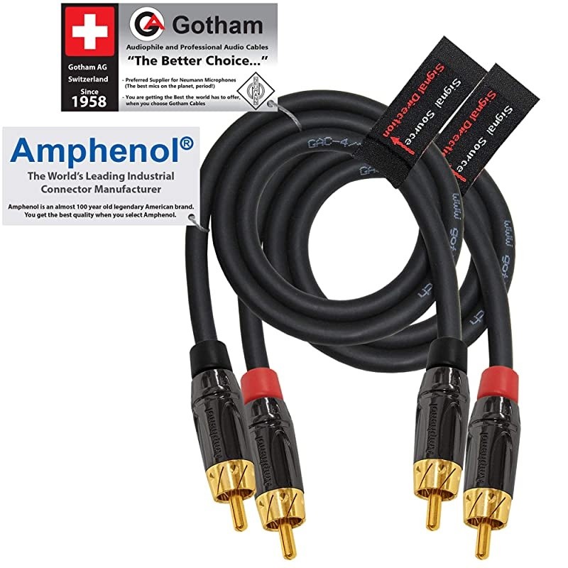 Foot RCA Cable Pair Gotham GAC41 Black StarQuad Audio Interconnect Cable with Amphenol ACPL Black Chrome Body Gold Plated RCA Connectors Directional