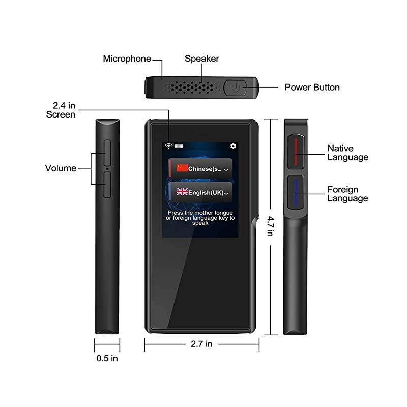 Device with 2.4 Inch High Definition Toch Screen Support 70 Languages Smart Voice for Travelling Abroad Learning Off-Line Shopping Business Chat Recording Translations
