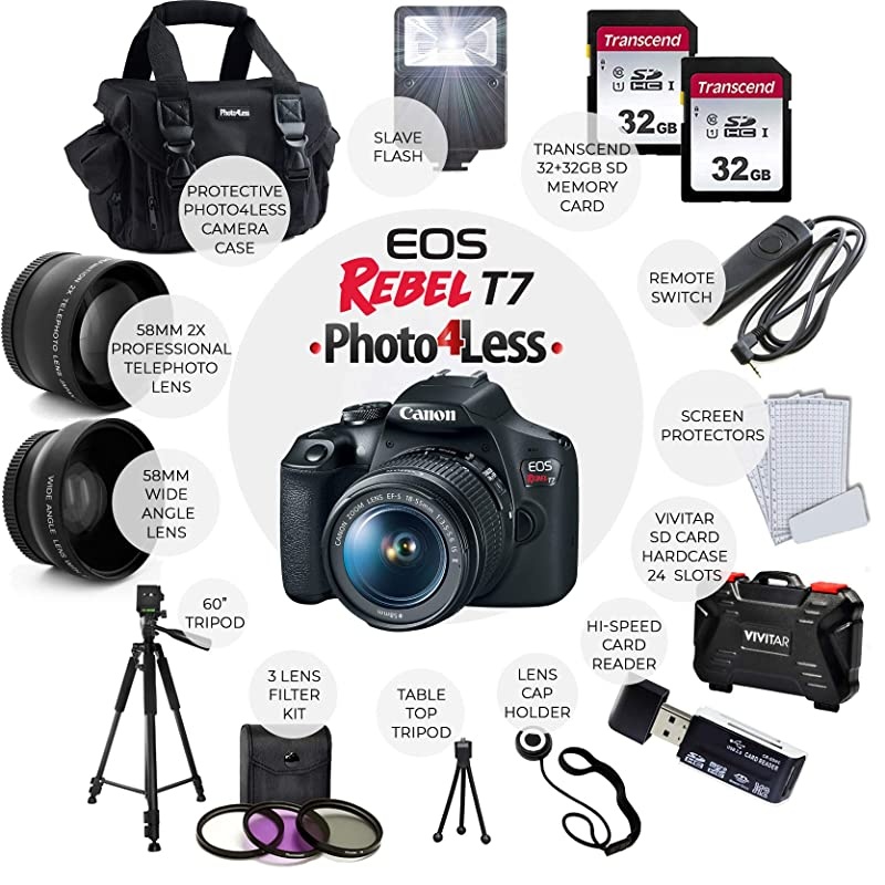 EOS Rebel T7 Digital SLR Camera with 18-55mm EF-S f/3.5-5.6 is II Lens + 58mm Wide Angle Lens + 2X Telephoto Lens + Flash + 64GB SD Memory Card + UV Filter Kit + Tripod + Full Accessory Bundle