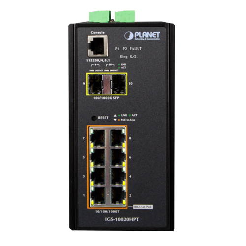 Planet IGS-10020HPT L2+ Industrial 8-Port 10/100/1000T 802.3at PoE + 2-Port 100/1000X SFP Managed Switch with Wide Operating Temperature