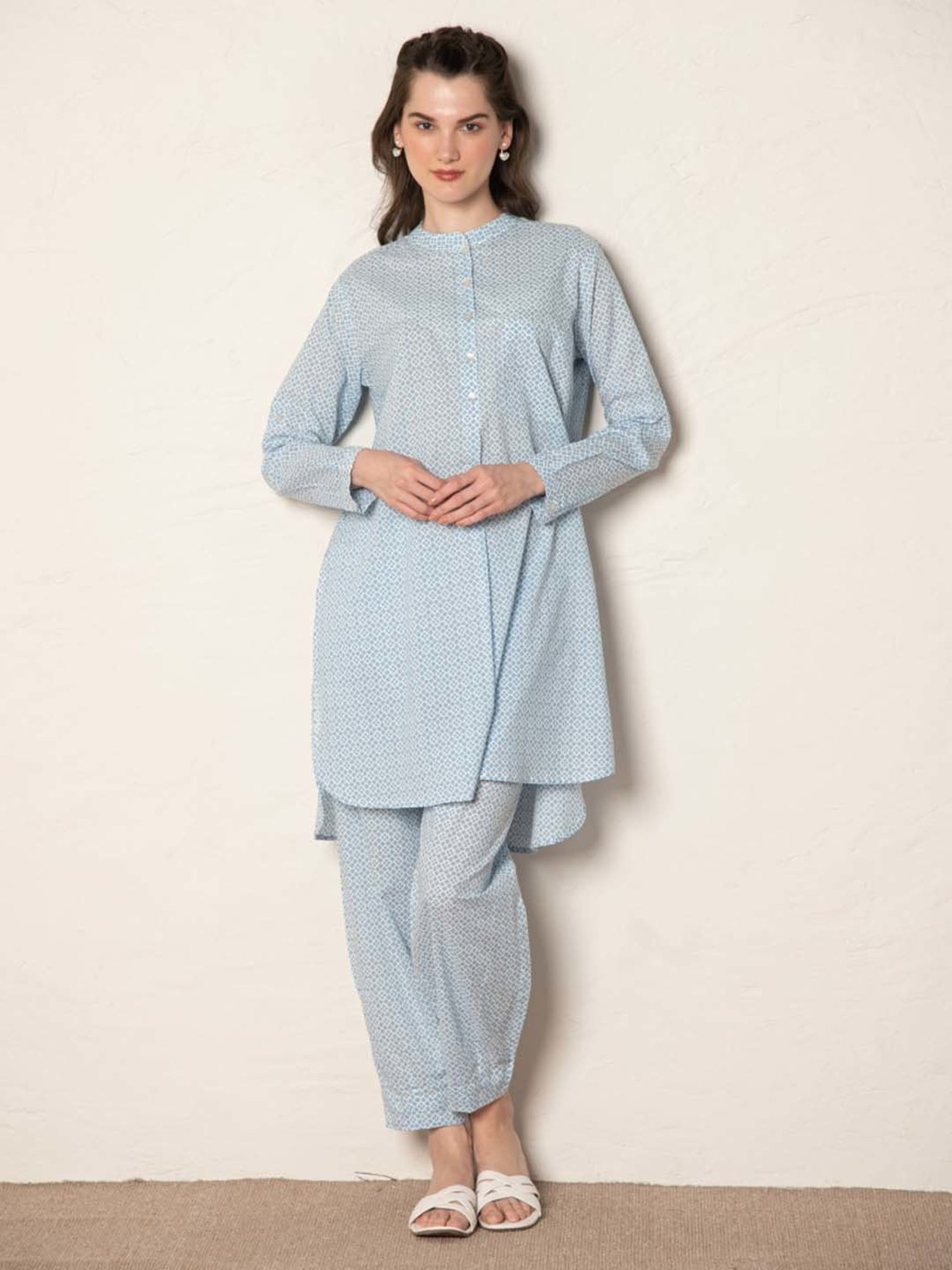 Ekohum Blue Cotton Printed Loose Fit Up-Down Kurta with Pant Co-Ord Set