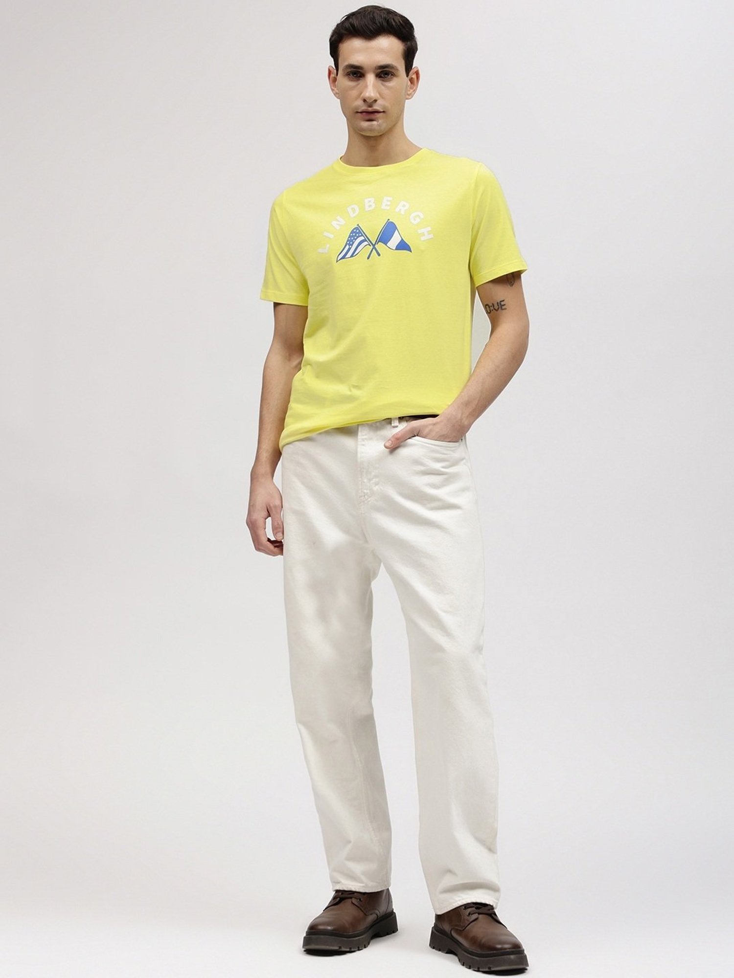 Lindbergh Yellow Cotton Regular Fit Printed T-Shirt