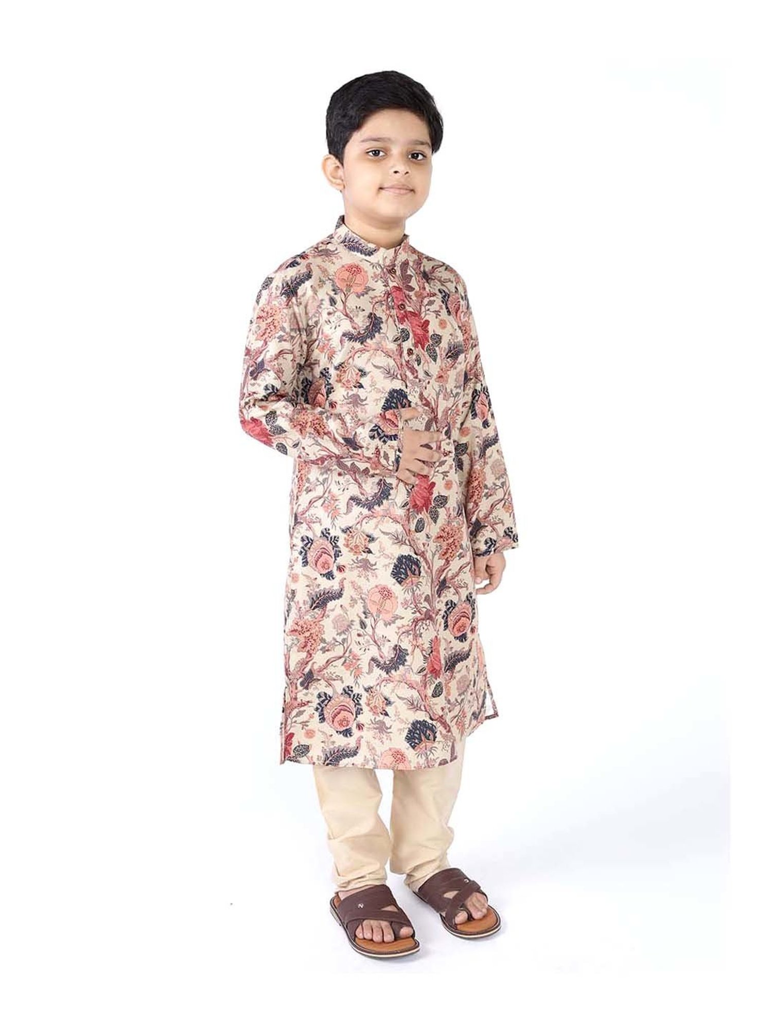 TABARD Kids Beige & Red Cotton Printed Kurta Set