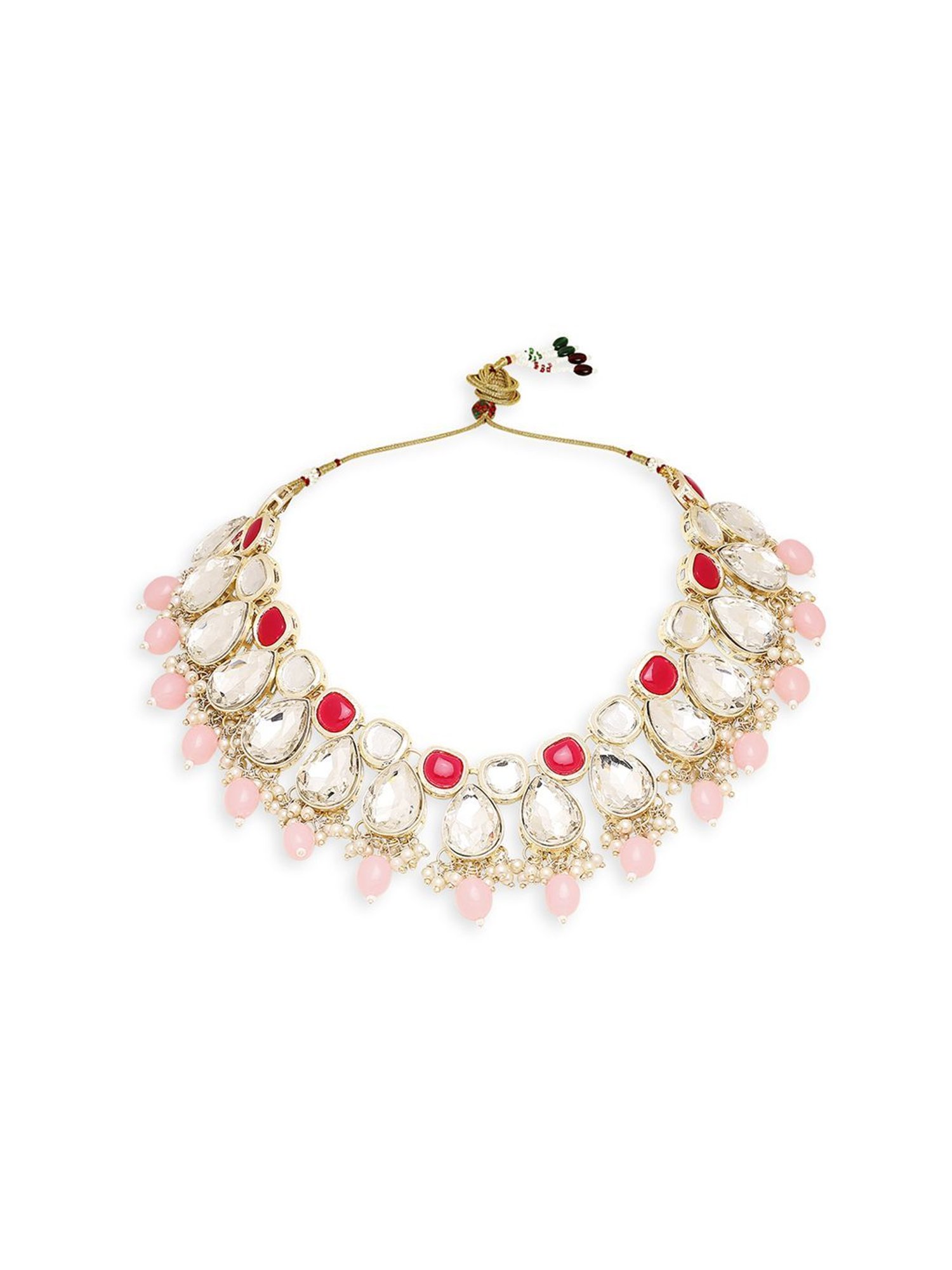 OOMPH Pink & Red Beads & Kundan Ethnic Choker Necklace Set for Women