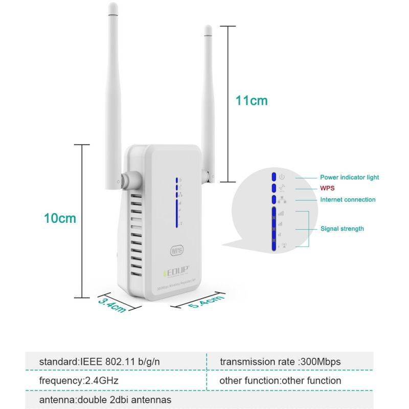 EDUP EP-2917 2.4GHz 300Mbps Wireless AP Repeater WiFi Extender with Dual 2dBi Antennas / WPS