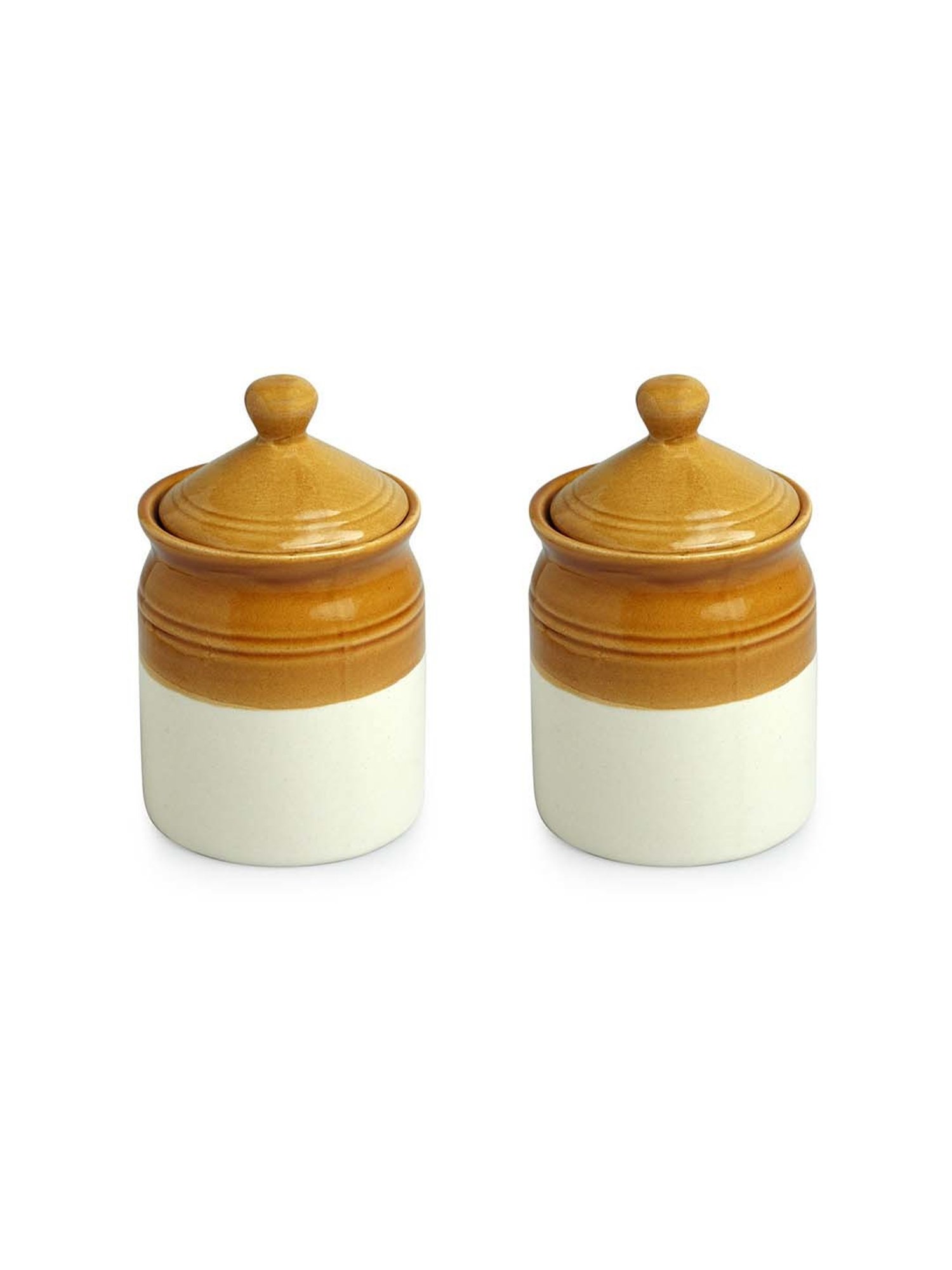 ExclusiveLane Brown & White Ceramic Old Martaban Pickle & Chutney Jar - Set of 2