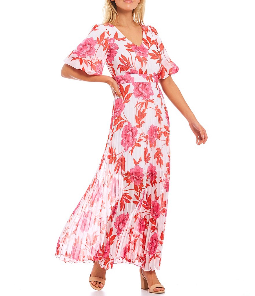 Kensie Puff Sleeve Floral Printed Chiffon Maxi Dress