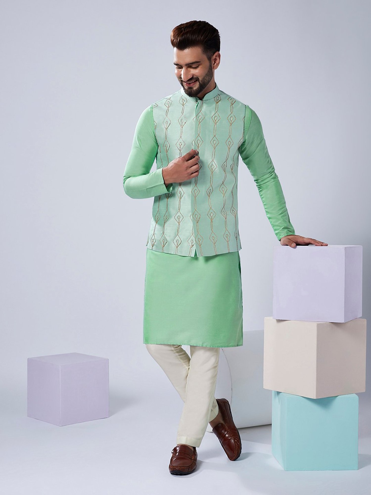 KISAH Sea Green Regular Fit Embellished Nehru Jacket