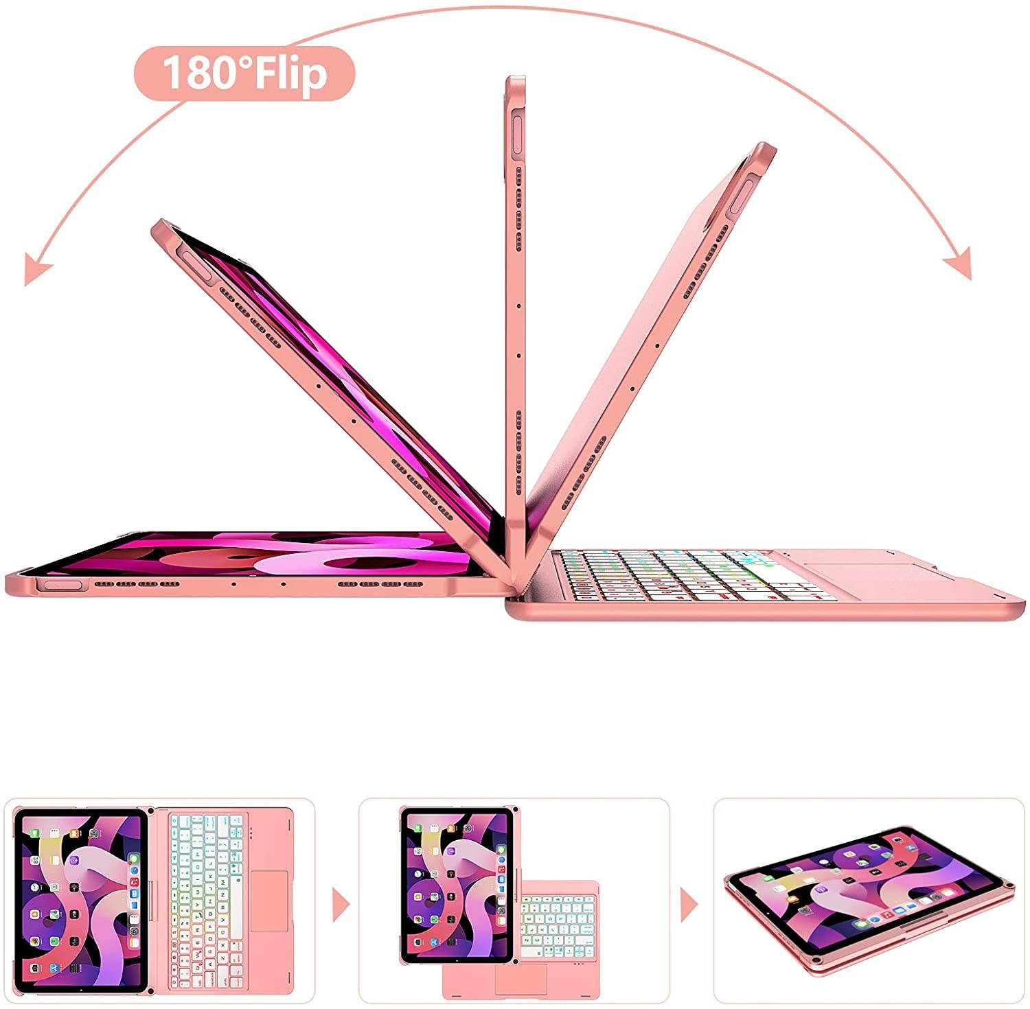 iPad Air 4th Generation Case with Keyboard (10.9 inch 2020) iPad Pro 11 Case 2020 with Keyboard- 7 Color Backlight- 360&deg Rotatable- Touchpad Keyboard Case for iPad Air 4 Gen/iPad Pro 11(Rose Gold)
