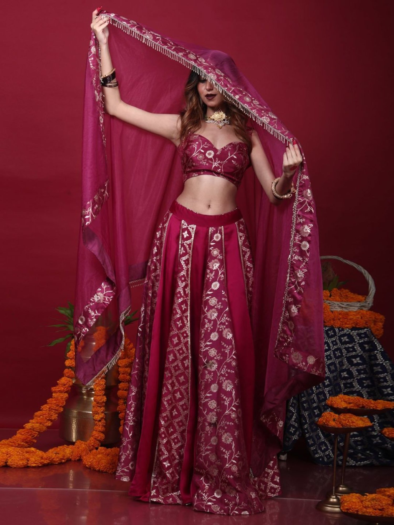 Monk and Mei Kora Kashi Plum Purple Leela-Brocade Lehenga Set