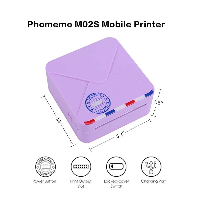 M02S Mini Thermal Printer- 300dpi HD Bluetooth Mobile Printer Compatible with iOS and Android, Work with 3 Size Papers, Photo Printer for Plan Journal, Travel, DIY Cards, Gift, Purple