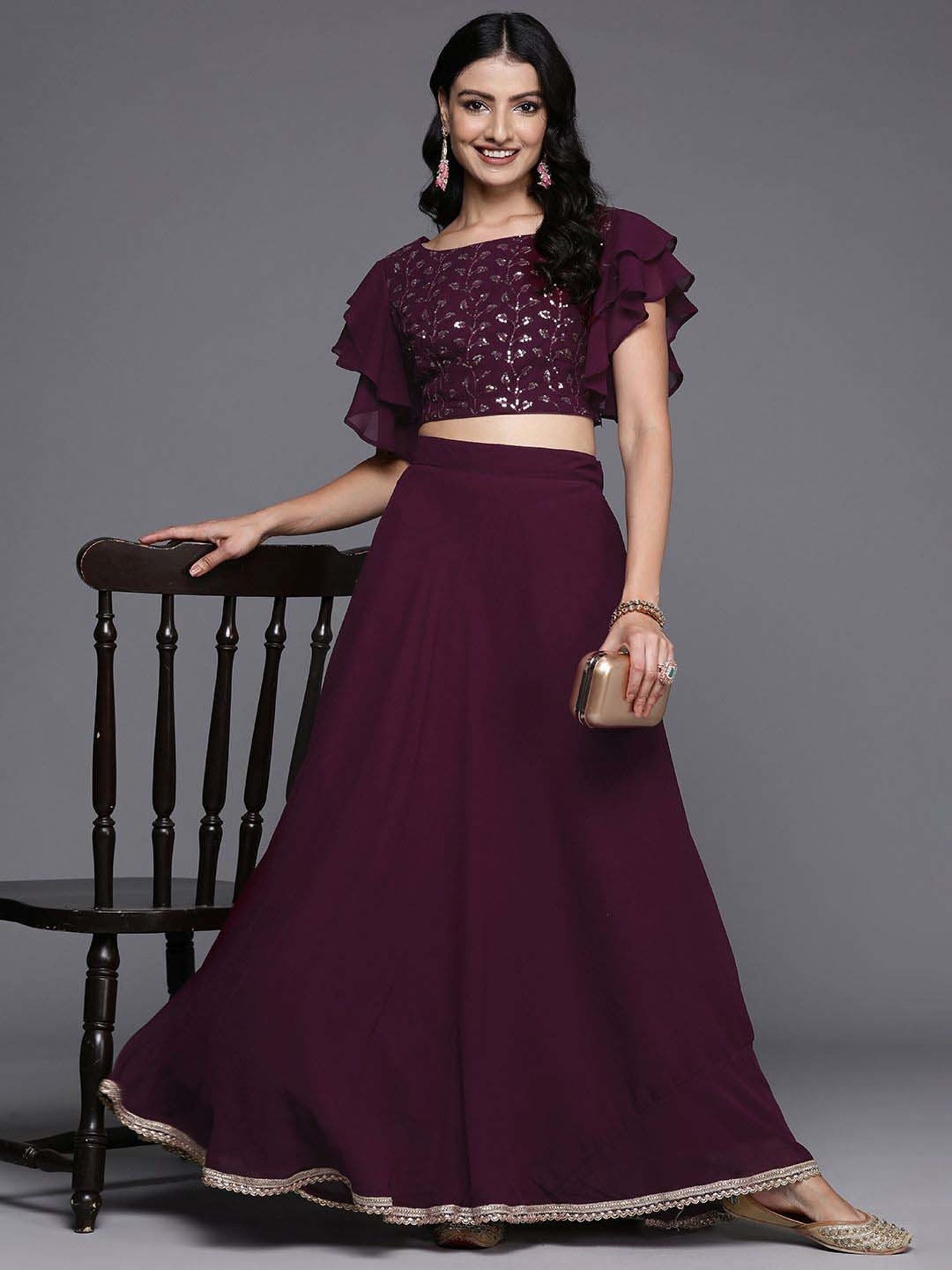 Libas Wine Plain Lehenga Choli Set