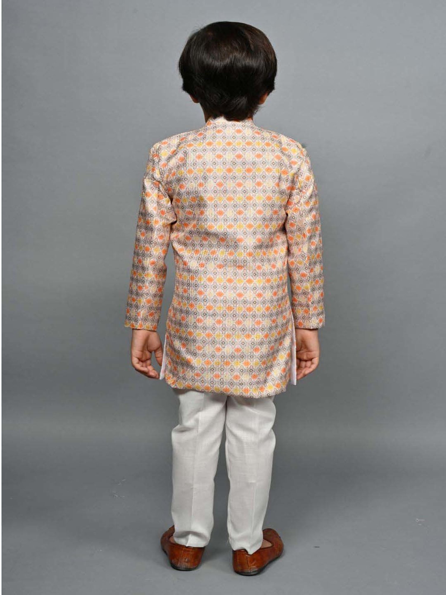 Ahhaaaa Kids Mustard & White Embroidered Full Sleeves Sherwani Set