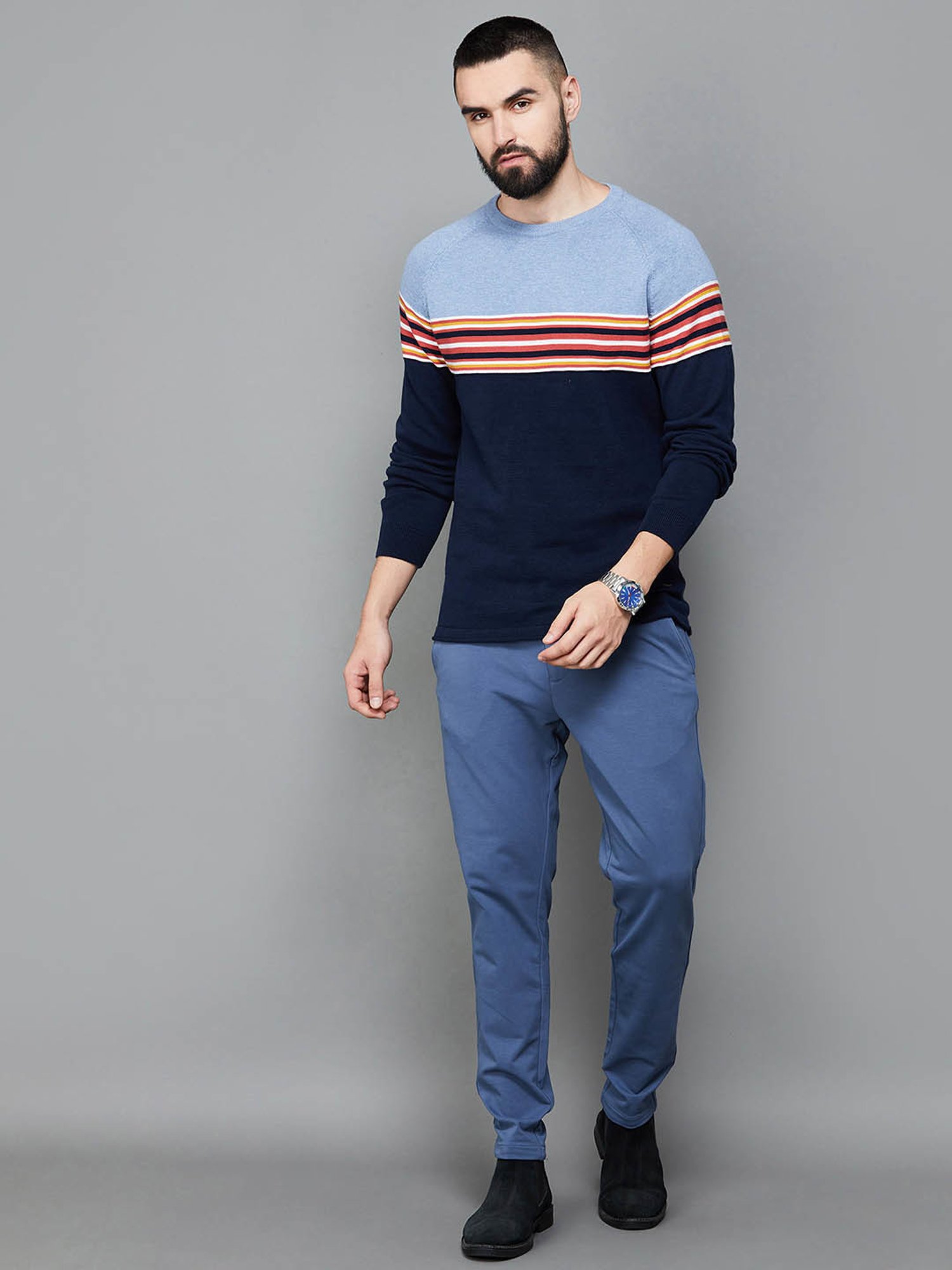 Code by Lifestyle Navy Cotton Regular Fit Colour Block Sweater