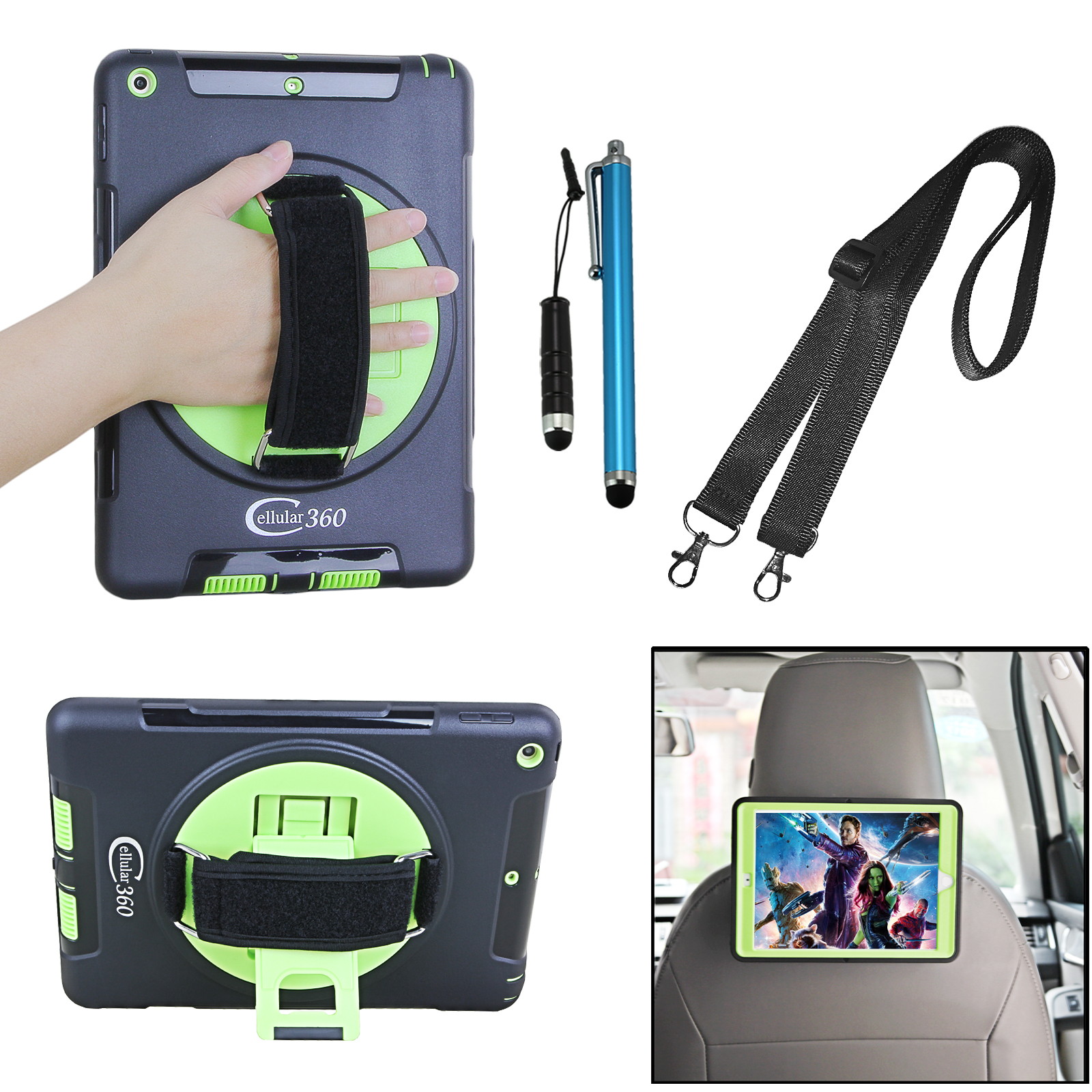 Cellular360 Apple iPad 9.7 2017 2018, iPad 5th Gen., iPad 6th Gen. Shockproof Case with 360 Degrees Rotatable Kickstand, Adjustable Handle and Shoulder Strap