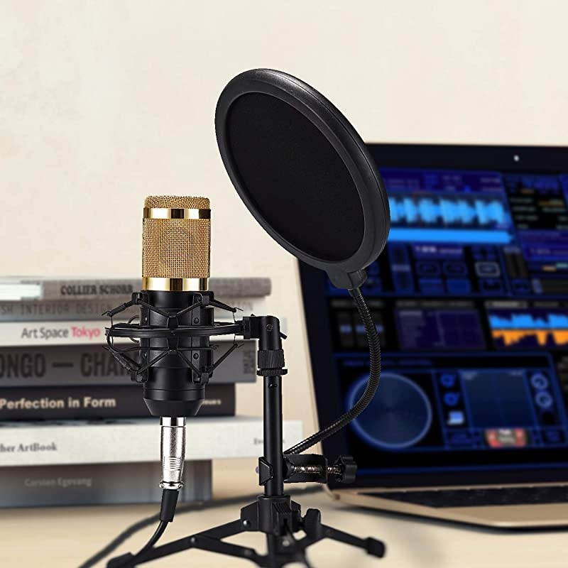 Desktop Microphone Set ZY-801+ Condenser Microphone Professional Studio Cardioid PC Mic Bundle for Studio Recording and Broadcasting (Sunrise Gold)