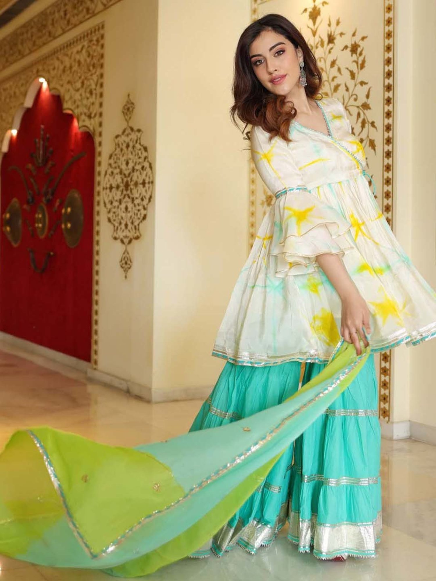AACHHO White & Turquoise Tie & Dye Kurti Sharara Set With Dupatta
