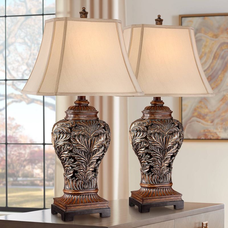 Barnes and Ivy Traditional Table Lamps Set of 2 Bronze Curling Leaves Tan Rectangular Shade for Living Room Family Bedroom Bedside