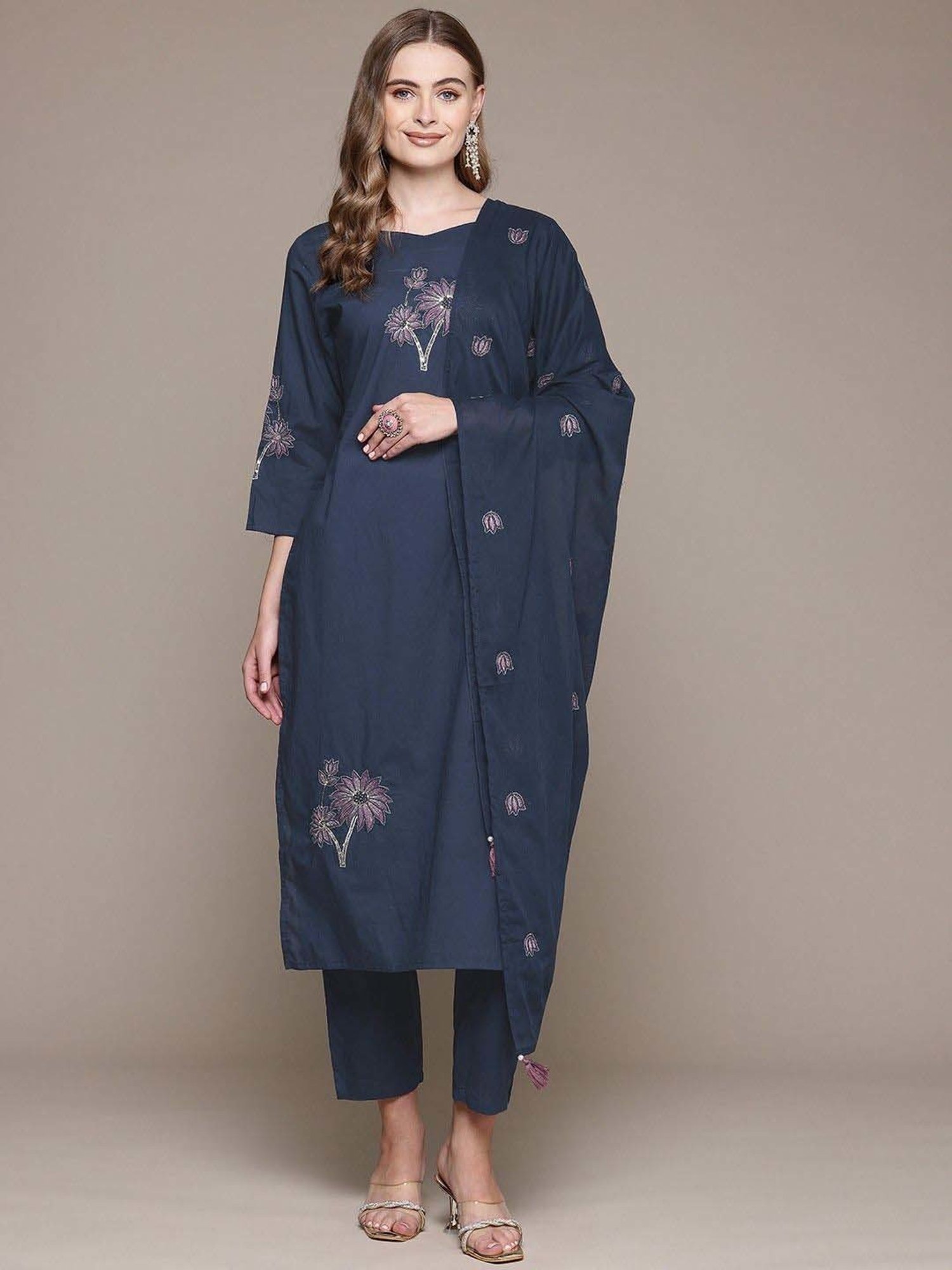 READIPRINT FASHIONS Blue Cotton Embroidered Kurta Pant Set With Dupatta