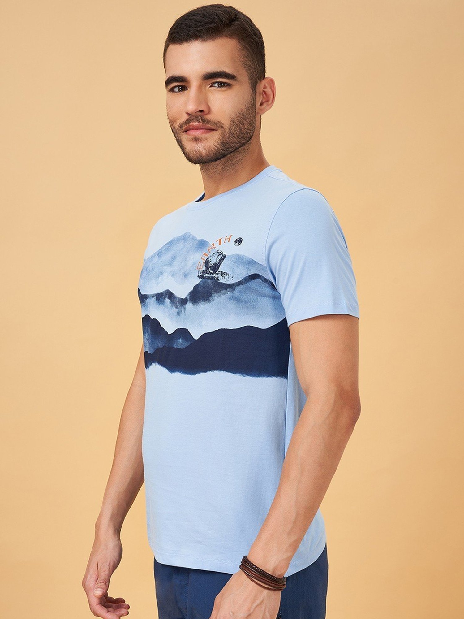 Urban Ranger by Pantaloons Sky Blue Cotton Slim Fit Printed T-Shirt