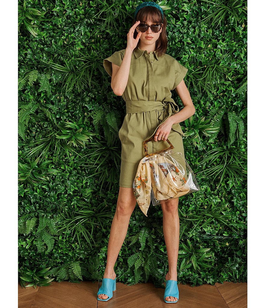 LDT Dax Tie Waist Collared Neck Cap Sleeve Sheath Dress