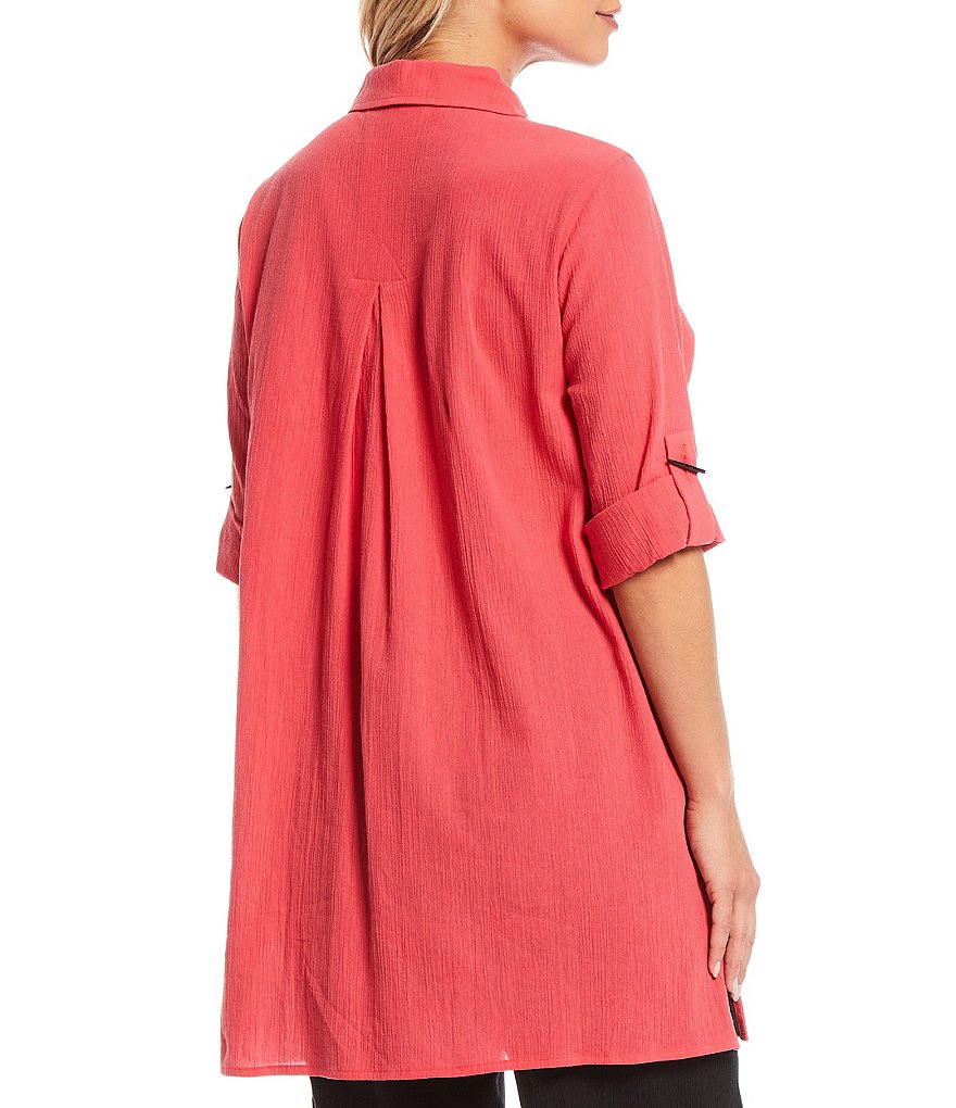 Caroline Rose Crinkle Cotton Point Collar Neck Roll-Tab 3/4 Sleeve Long Shirt