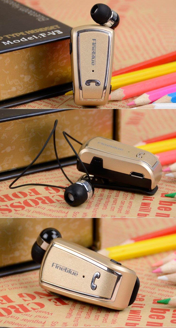 F-V3 Bluetooth Wireless Headset Stereo Sport Retractable Earphone With Clip for iPhone Samsung - Gold