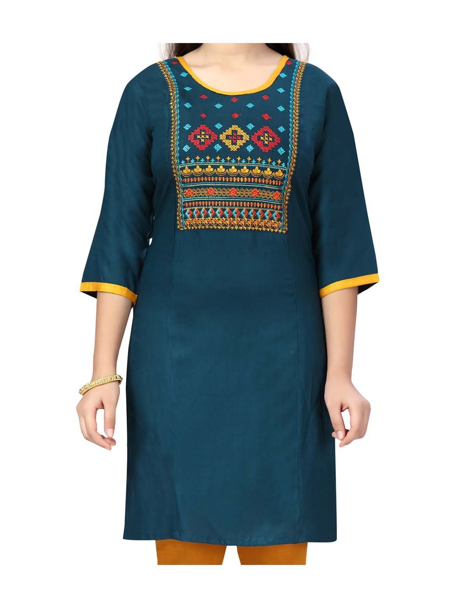 Aarika Kids Dark Green Cotton Embroidered Kurti