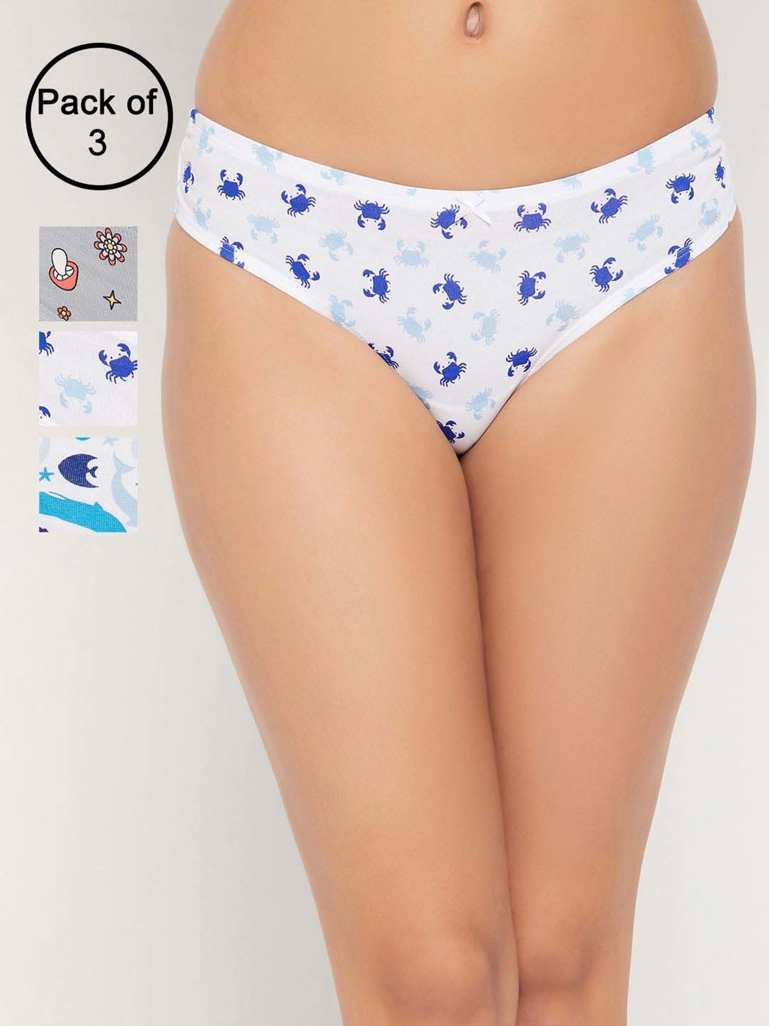 Clovia White & Grey Cotton Printed Hipster Panty - Pack Of 3