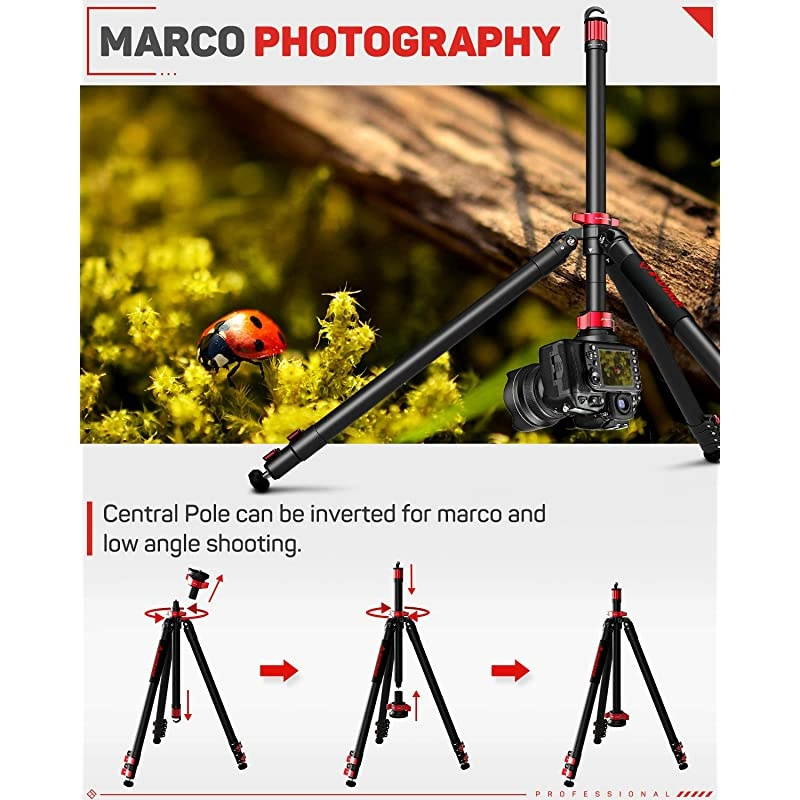 Carbon Fiber Travel Tripod, 59" Professional Video Camera Tripods 4 Sections with Centre Pole,Compatible with Canon, Nikon, Sony DSLR Camcorder Video Photography, Max Load 13.2 lbs