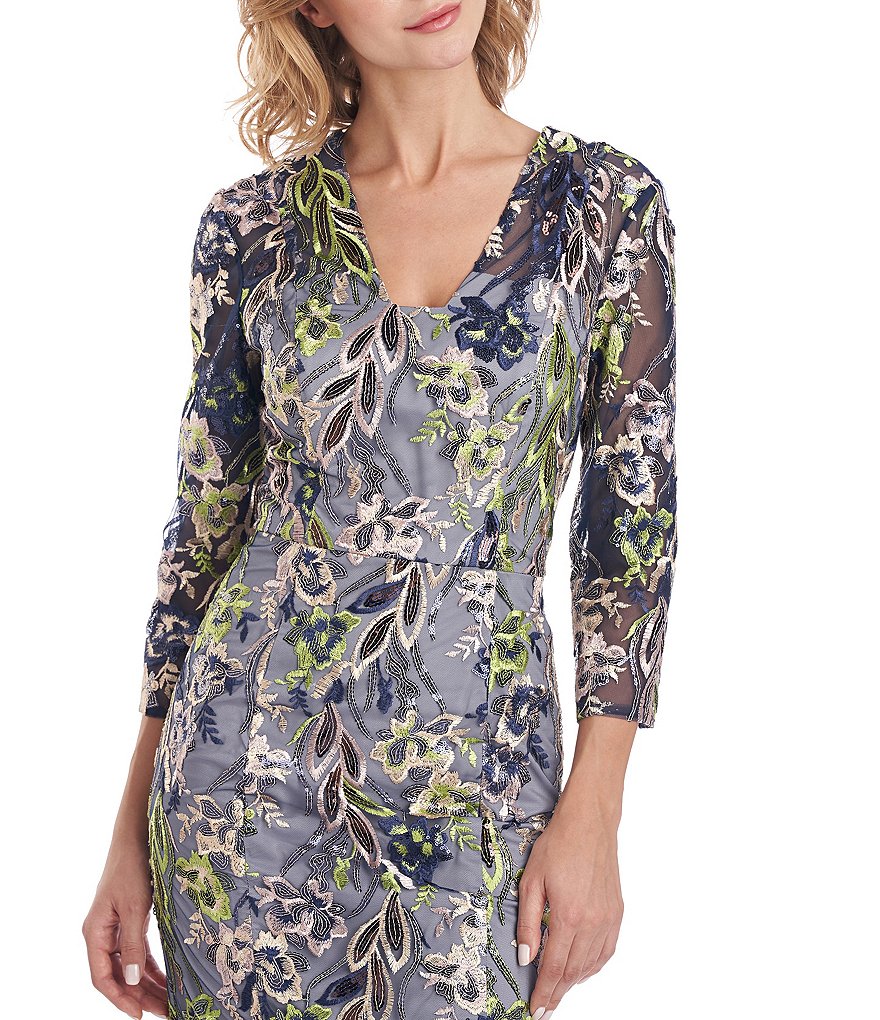 JS Collections V-Neck 3/4 Sleeve Floral Sequin Mesh Midi Dress