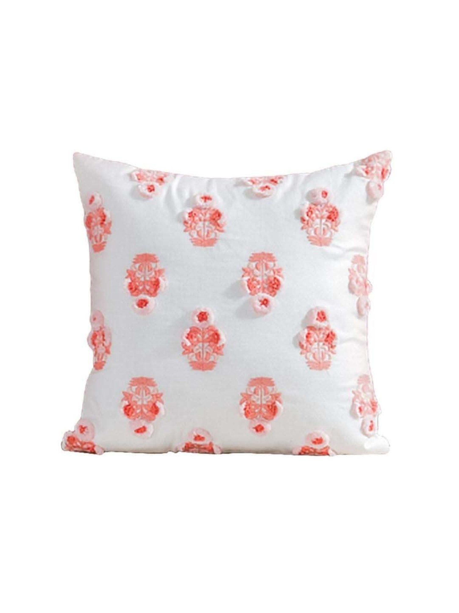 Nestasia Premium Quality Handcrafted & Artisanal Floral Motif Cotton Peach Cushion Cover(16" X 16")