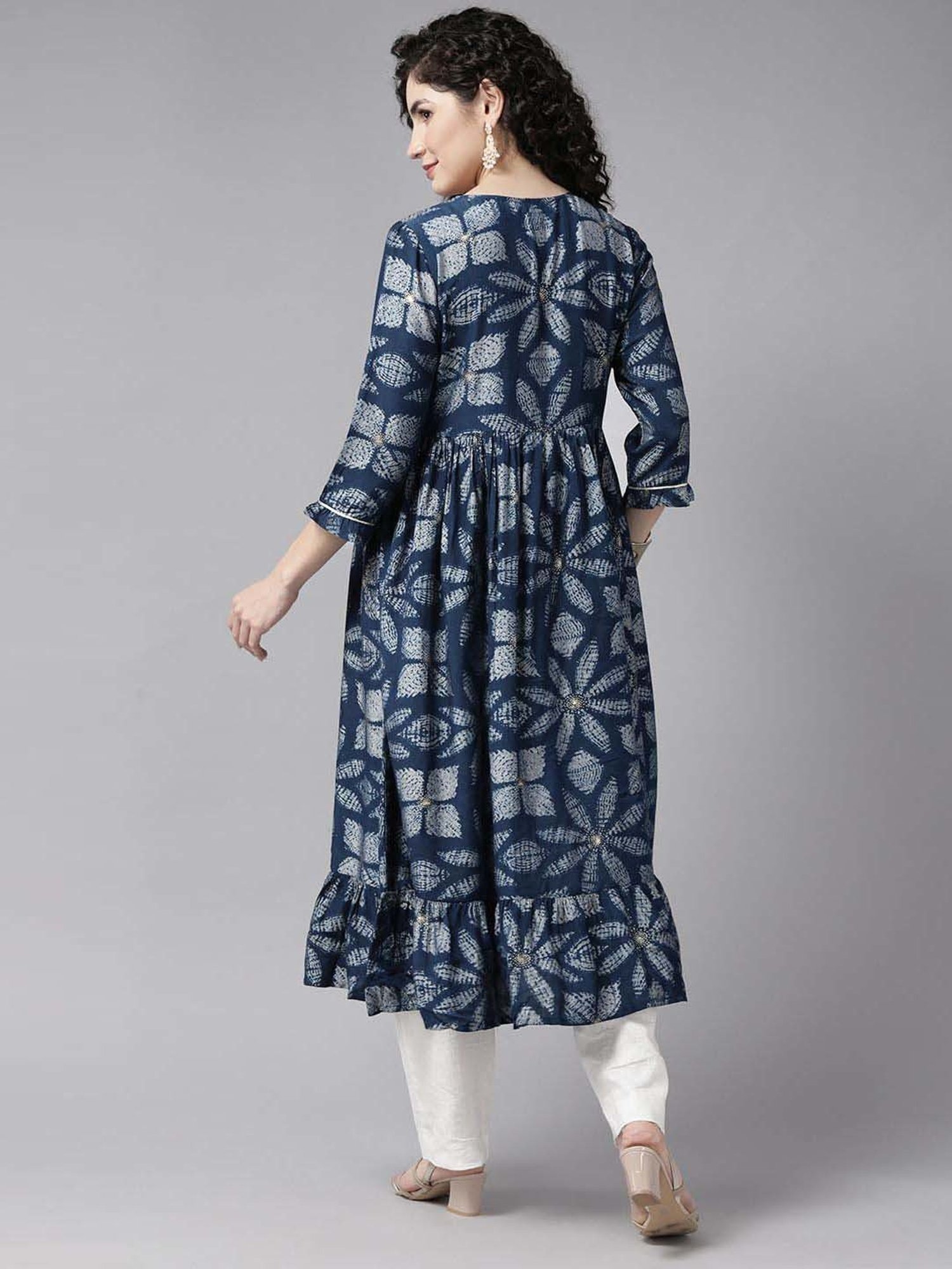 Cayman Blue Cotton Floral Print A Line Kurta