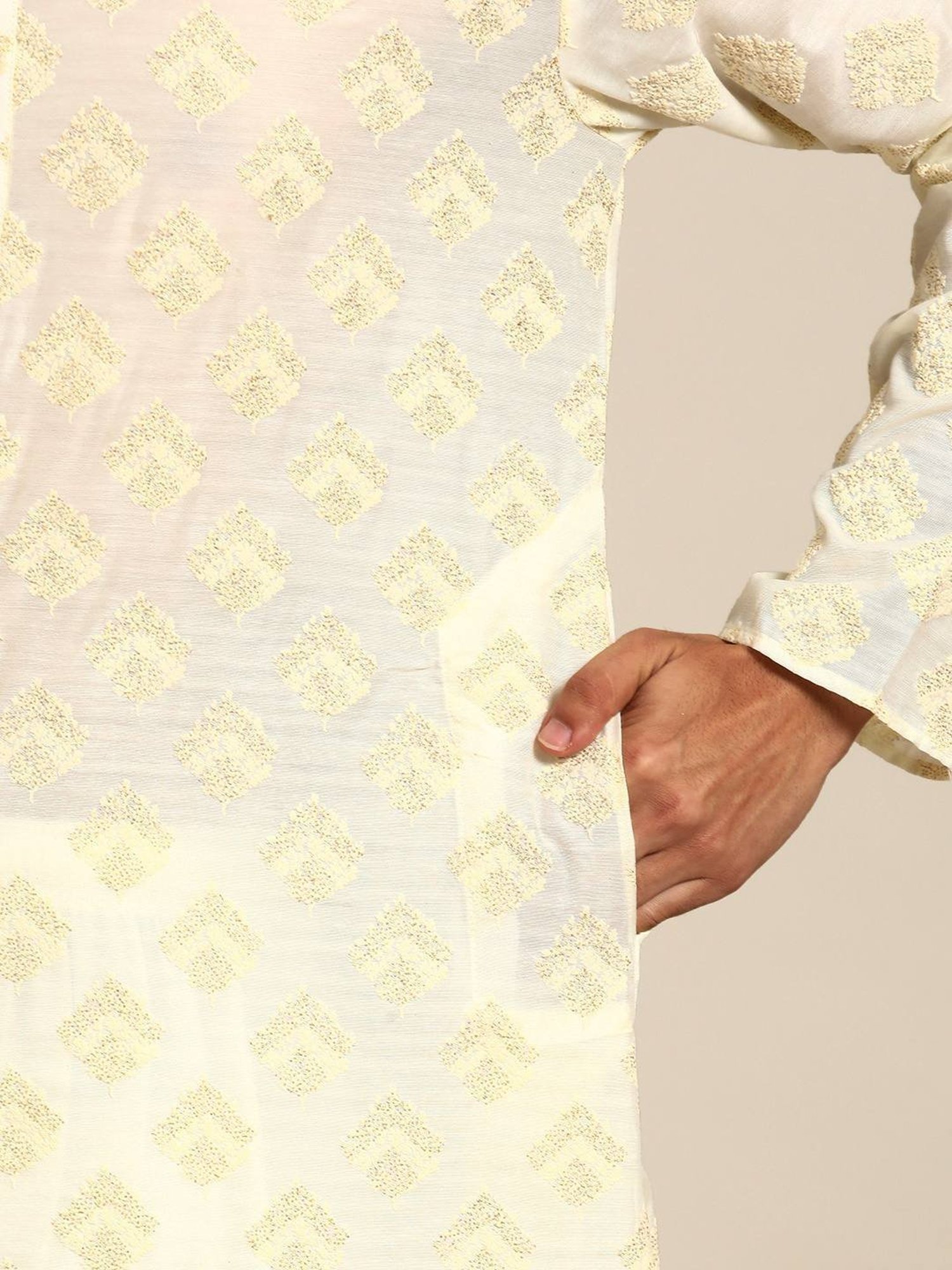 ManQ Cream Regular Fit Printed Kurta Bottom Set