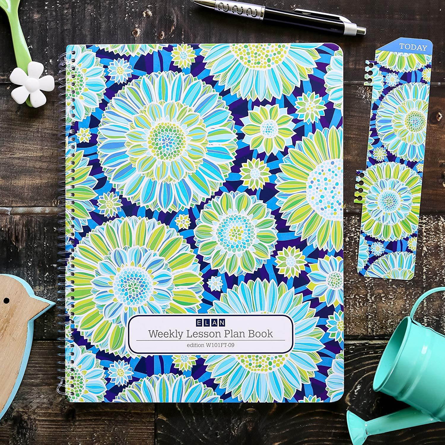 7 Period Teacher Lesson Plan; Days Horizontally Across The Top (W101) (+) Bonus Clip-in Bookmark (Blue Green Flowers)