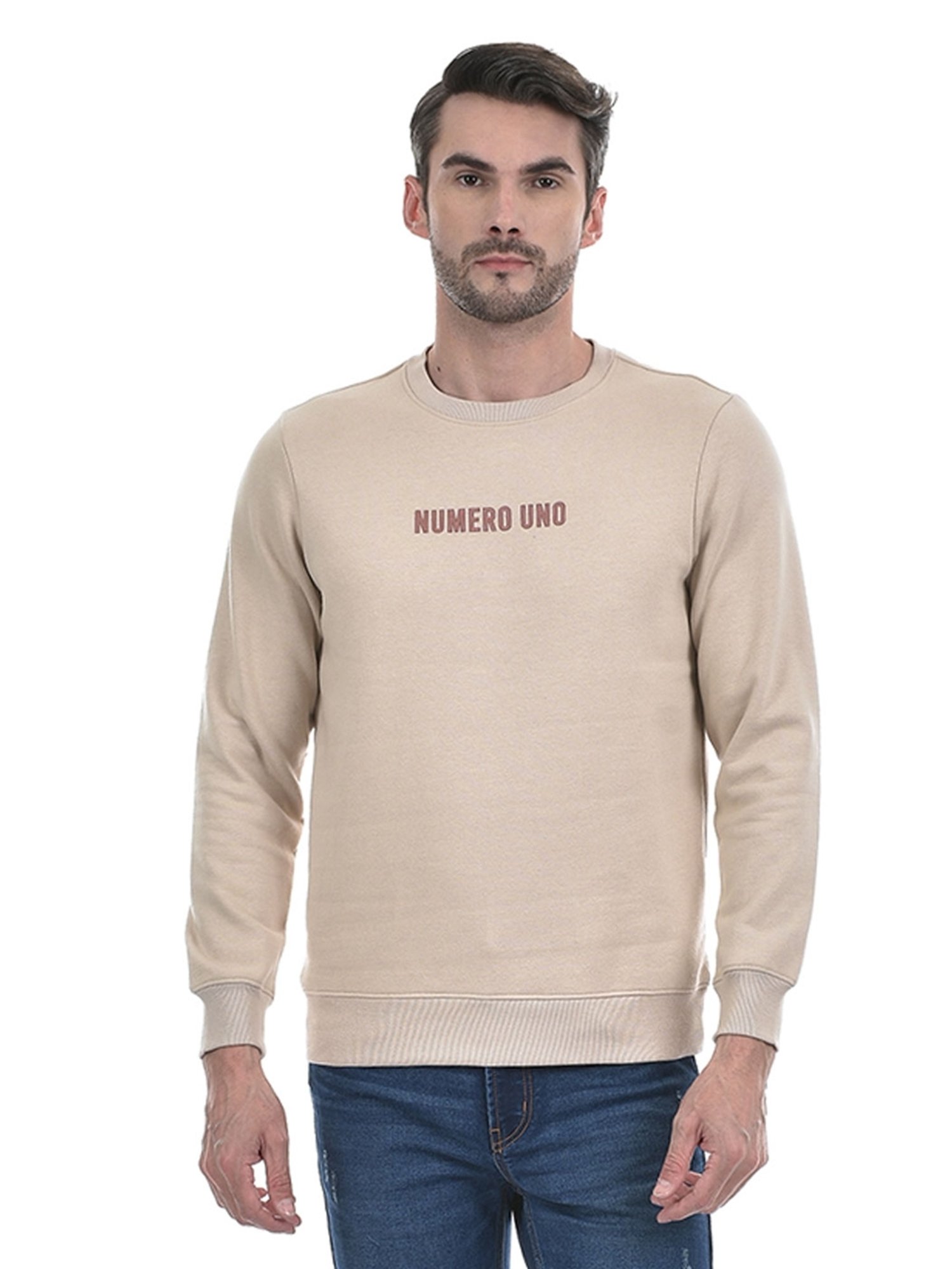 NUMERO UNO Beige Regular Fit Solid Round Neck Brushed Fleece Pullovers Sweatshirt