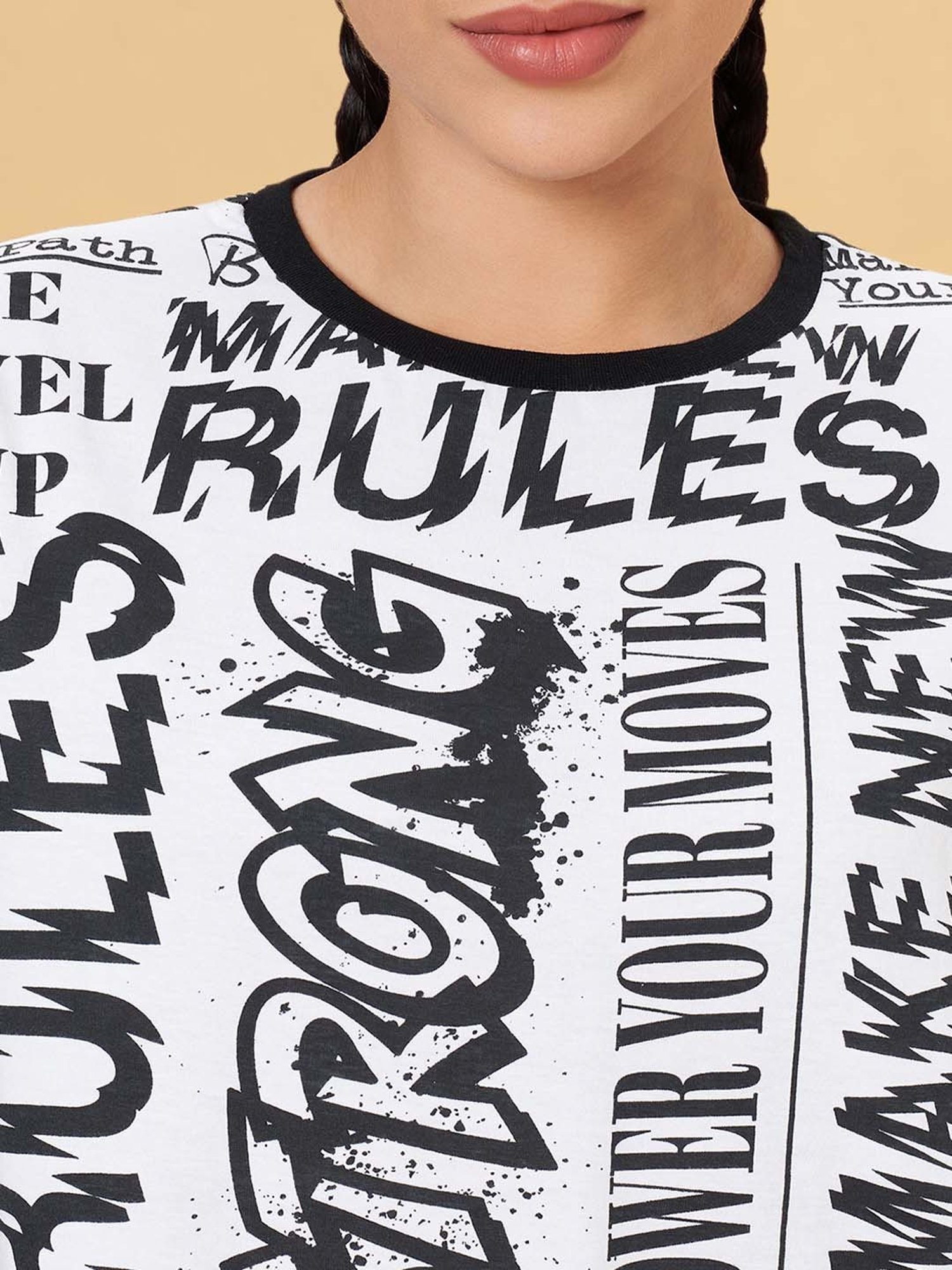 Ajile by Pantaloons White & Black Cotton Printed Sports T-Shirt