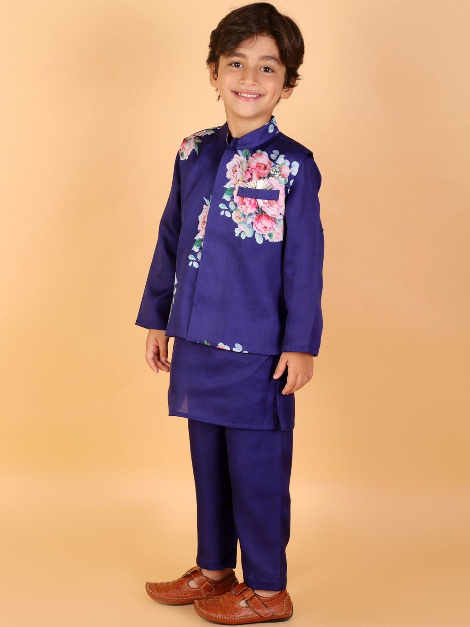 Lil Drama Kids Blue & Pink Floral Print Full Sleeves Kurta Set