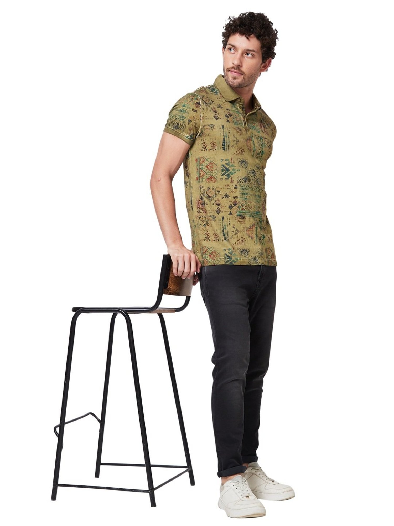Spykar Green Cotton Slim Fit Printed Polo T-Shirt