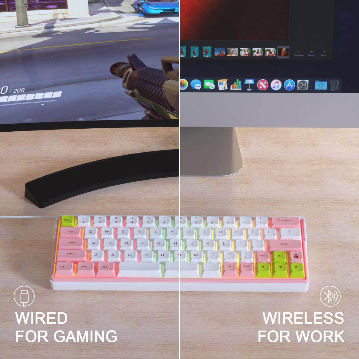 KEMOVE 64-66 Dolch Bluetooth 5.1 Hot-swappable Convertible 60% RGB Mechanical Gaming Keyboard - Wireless/Wired Mode, 100% PBT Keycaps, Full Keys Programmable for Win/Mac (Gateron Optical Blue Switch)