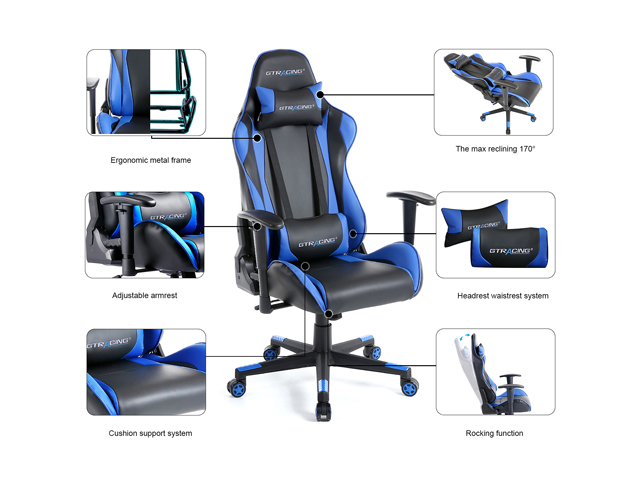 GTRACING Ergonomic Office Chair - Racing Seat, Height Adjustment, Pillows, Recliner, Swivel Rocker Tilt, for E-Sports, Computers, and Gaming