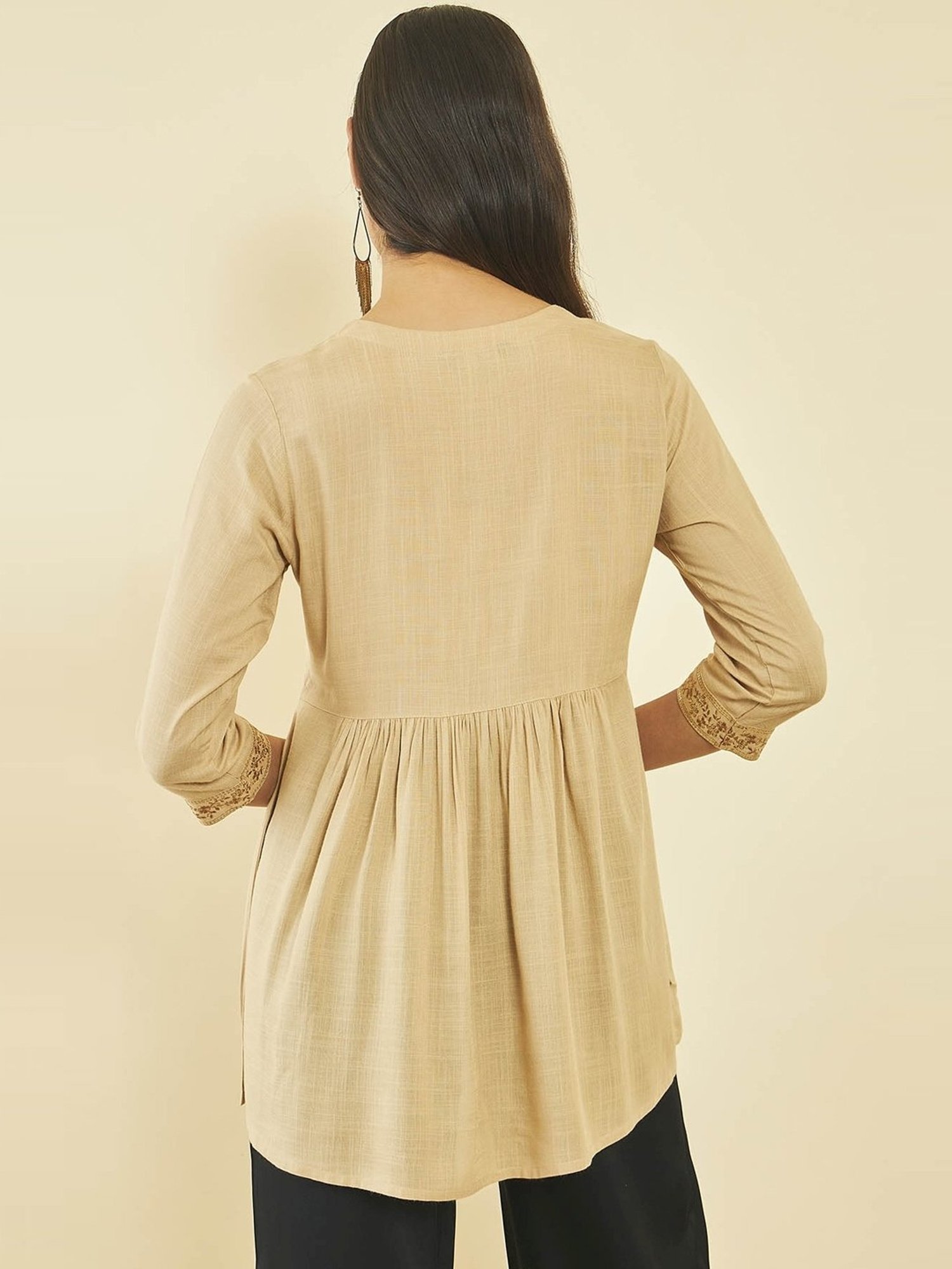 Soch Beige Rayon Slub Floral Embroidered Tunic with Sequin Embellishments