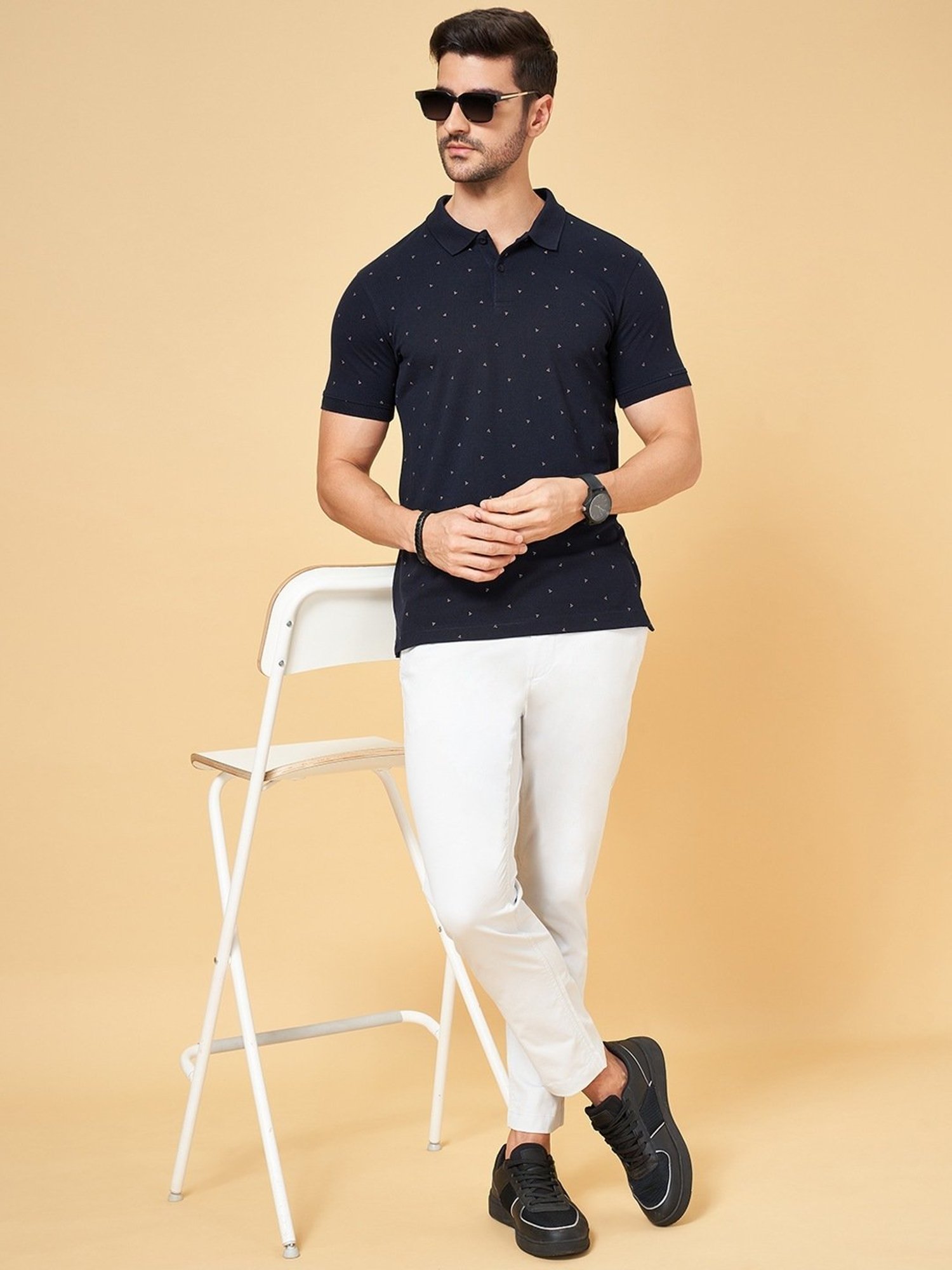 Byford by Pantaloons Navy Slim Fit Printed Polo T-Shirt