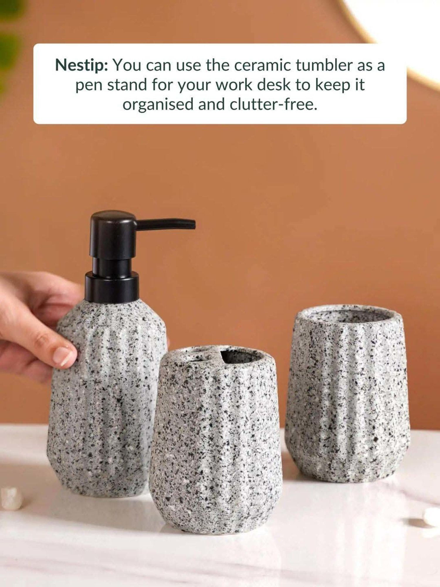 Nestasia Speckled Pattern Ribbed Design Ceramic Bathroom Accessories Set of 3 Granite-Grey