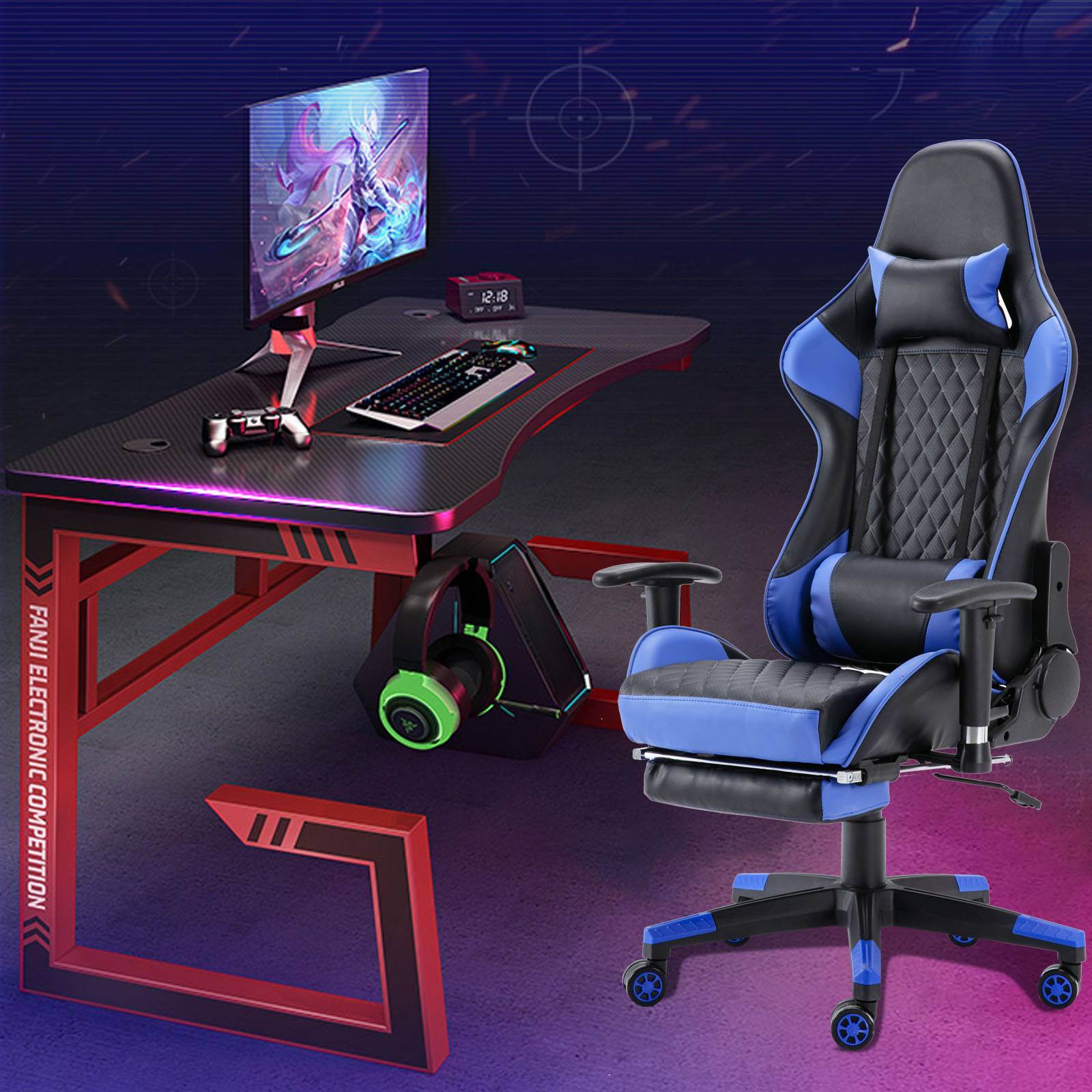 Gaming Chair with Massage Lumbar and Ergonomic Footrest Office Computer Chair