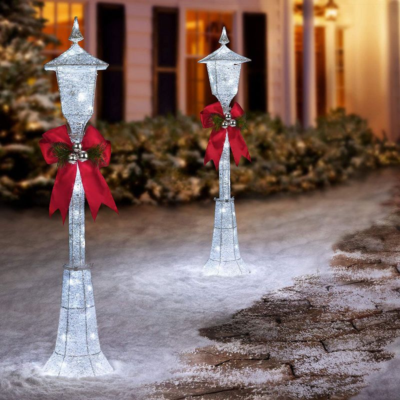 Haute Decor 48 Inch Pre-Lit LED Outdoor Lamppost Holiday Yard Decor with 50 Cool White LED Lights, Metal Frame, Sequins, and Glitter, Sliver