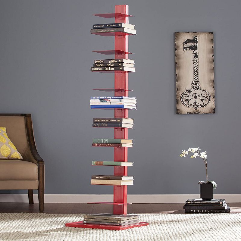 Southern Enterprises Furniture HZ9492 65 Inch Freestanding Adjustable 12 Tier Modern Metal Spine Tower Book Shelf Decor Organizer Storage Case, Red