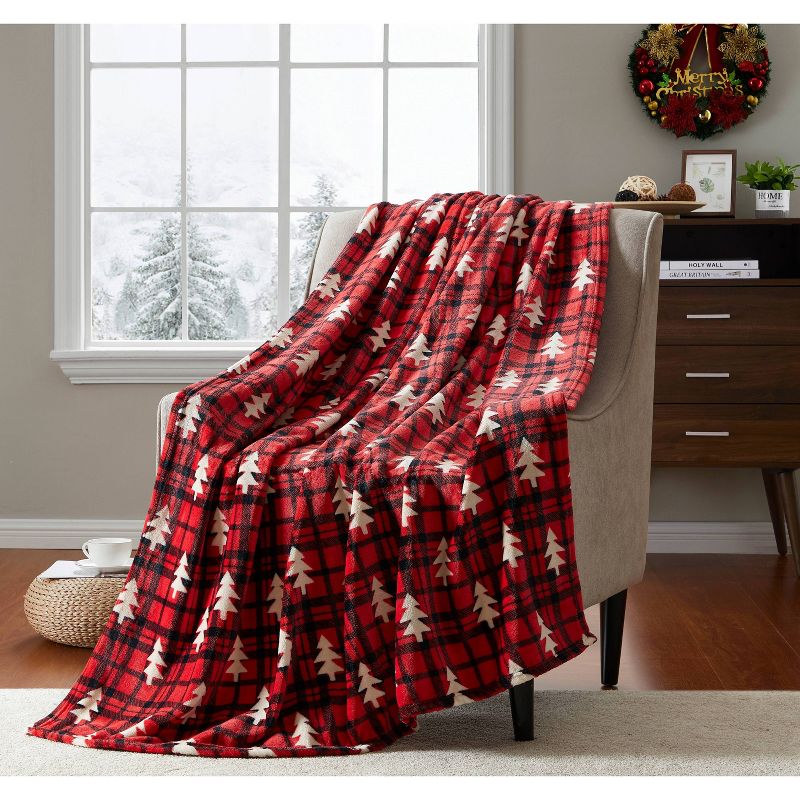 50"x60" Tree Plaid Printed Throw Blanket Red - VCNY