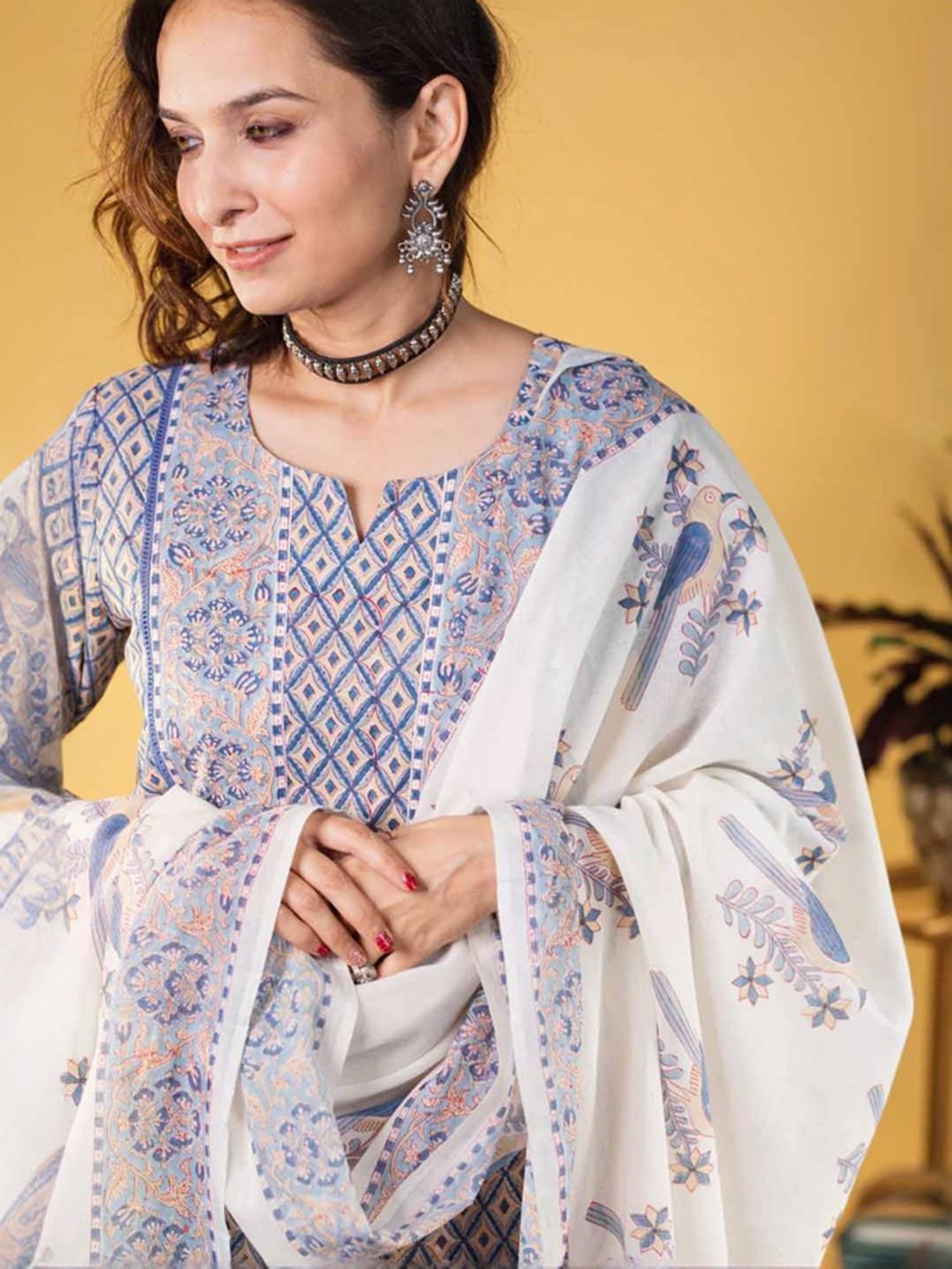 Odette Blue Printed Kurta Palazzo Set With Dupatta